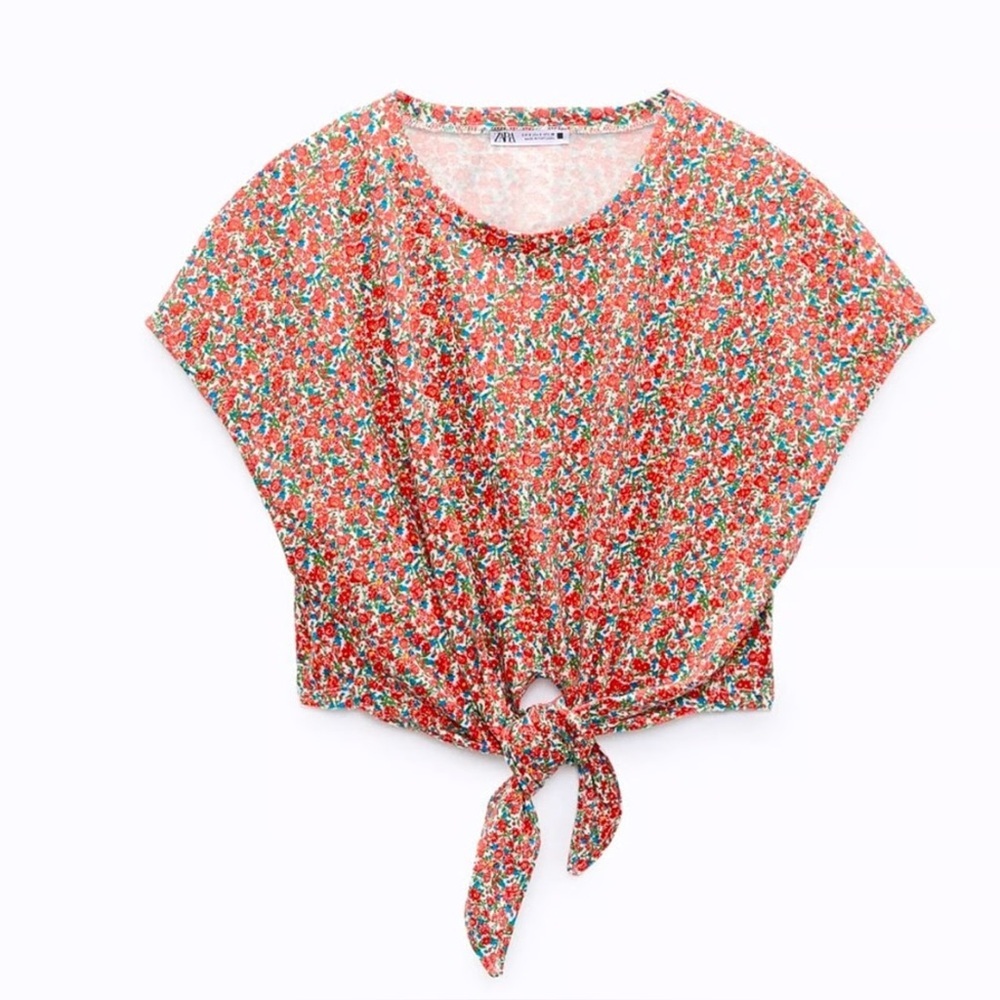 Zara Red Floral Tie-Front Crop Top
